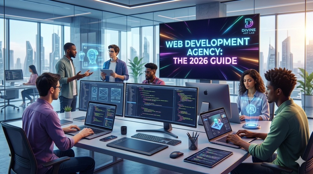 Divine Art Lab web development agency team working on the 2026 website guide in a modern office.
